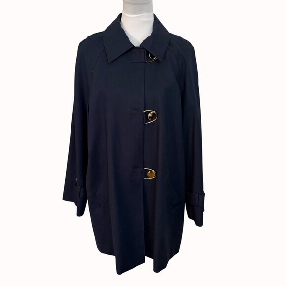 Jones New York Swing Trench Pea Coat Size L Stretch Retro Style Gold Tone Buckle - Picture 11 of 16